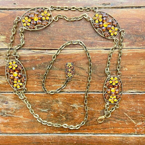 Vintage Rhinestone Floral Heavy Gold Tone Chain Rope Belt Baroque Statement 44\